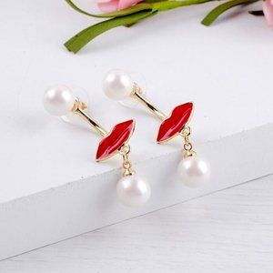 Red Lips Pearl Jacket Dangle Earrings